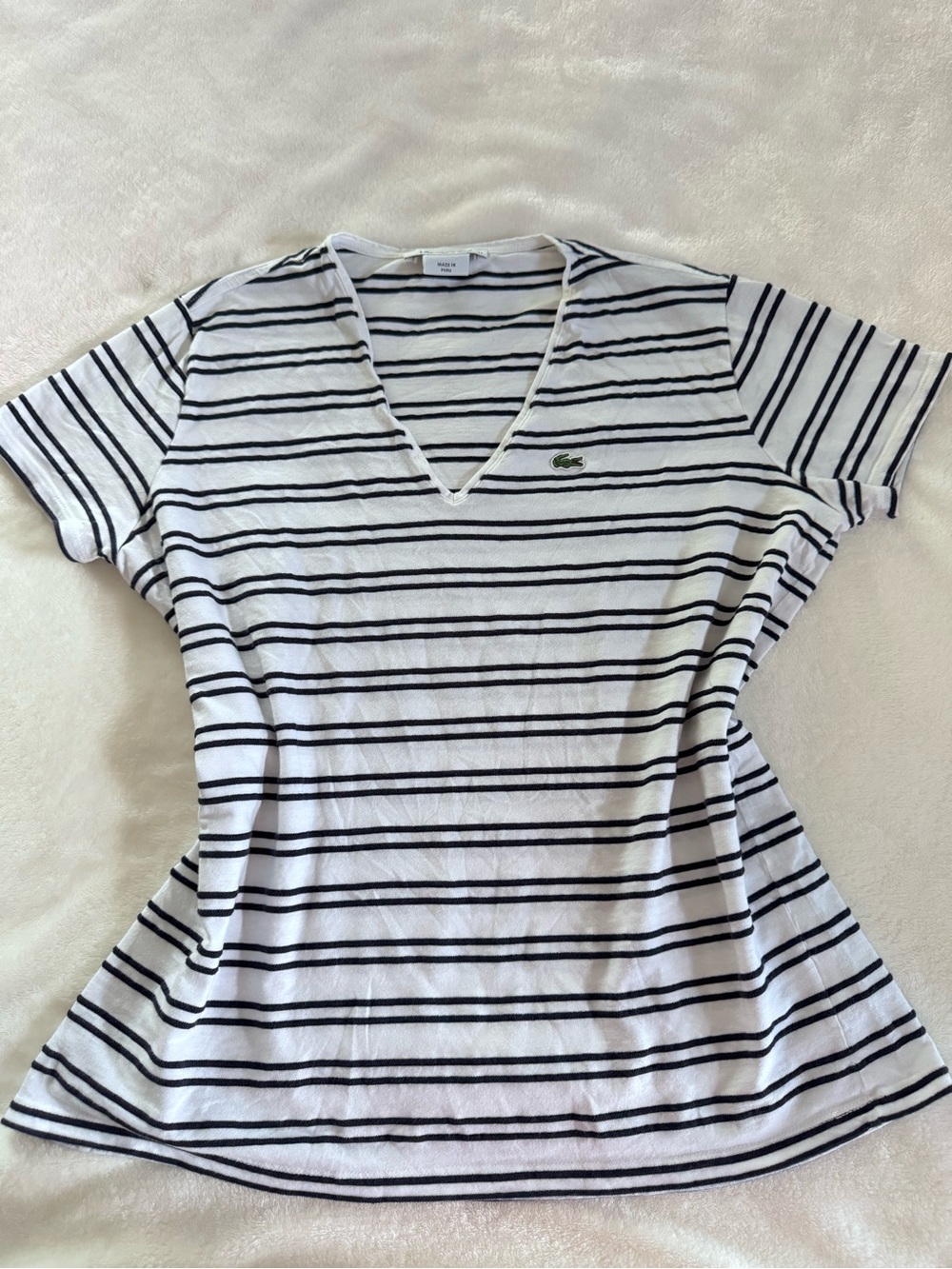 Lacoste White Tee with Black Stripes V‑Neck